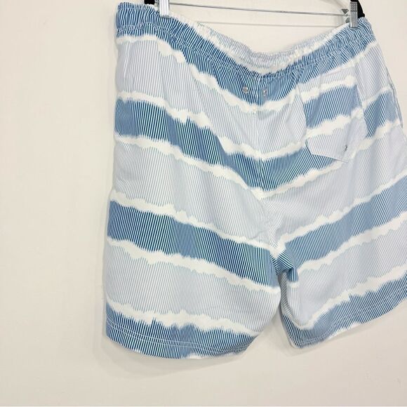 Land's End White Blue Squiggle Stripe Mesh Lined Drawstring Waist Swim Trunks - Picture 8 of 12